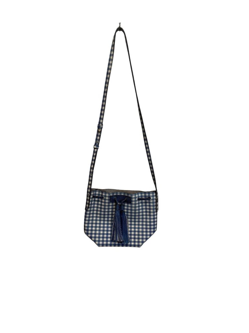 J. Crew Blue & White Gingham Crossbody Bag With Tassel Detail Adjustable Strap A